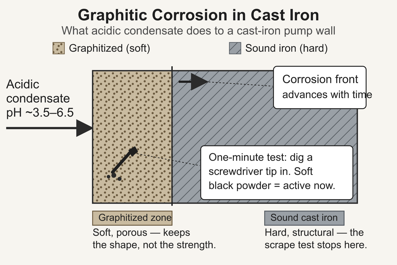 Cross-section through a cast-iron pump wall showing a graphitized zone - soft, porous graphite and iron oxide that keeps the walls original shape - advancing inward from the condensate-exposed face, against the sound cast iron behind it, with a one-minute scrape-test callout