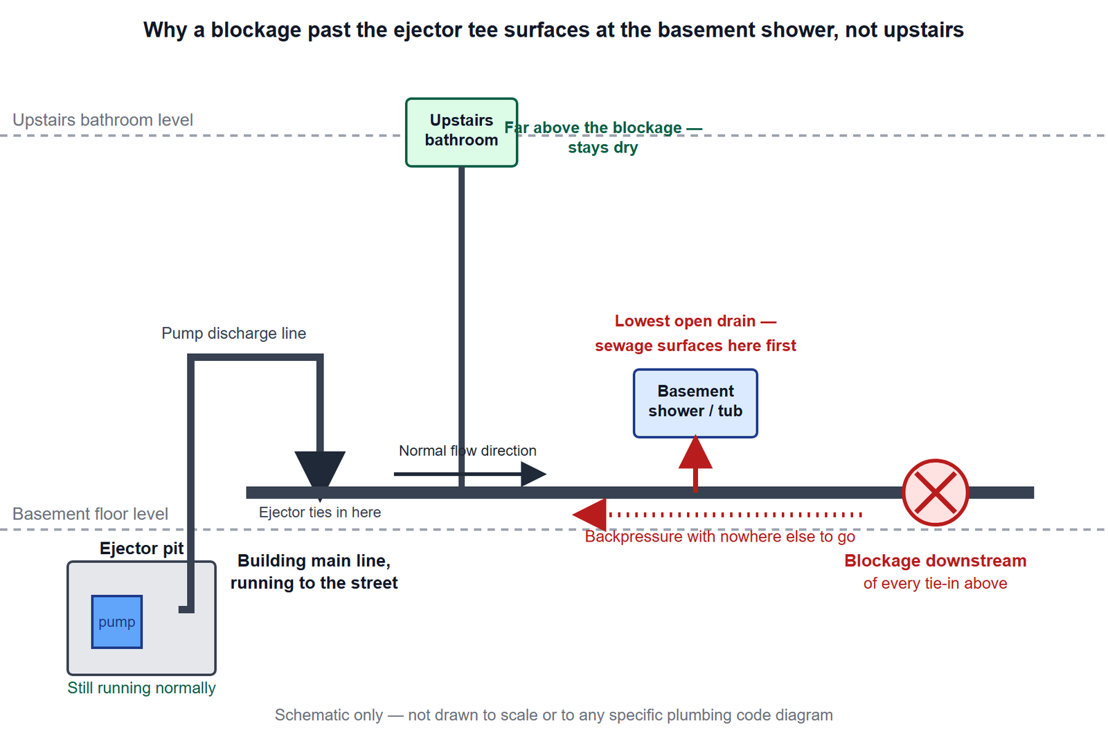 Schematic cross-section showing an ejector pit's discharge pipe tying into the building's main line at basement level, a blockage further downstream with a dashed red arrow showing backpressure pushing back toward the house, a basement shower and tub drawn as the lowest open fixture where that backpressure surfaces, and an upstairs bathroom drawn well above the blockage and labeled as staying dry