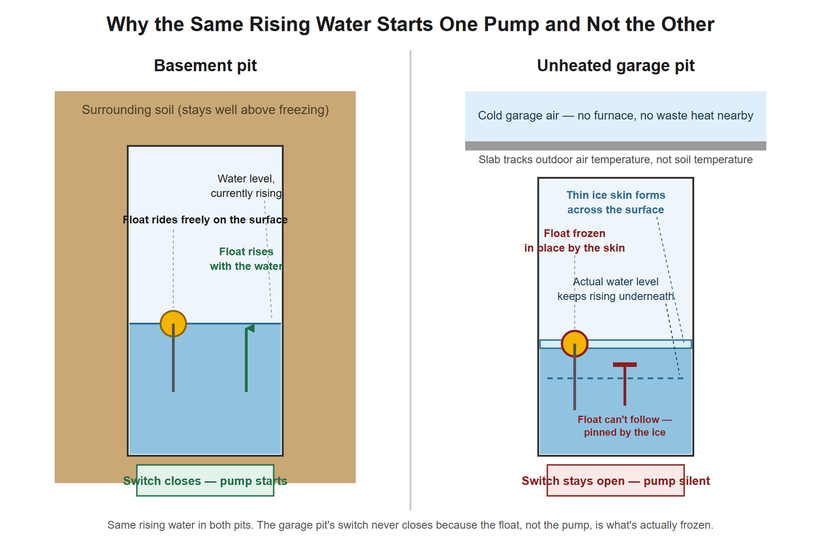 Side-by-side cross-sections comparing a basement sump pit, where the float rides freely on the rising water and the switch closes, with an unheated garage pit, where a thin ice skin at the surface pins the float in place while the actual water level keeps rising underneath it, so the switch never closes and the pump stays silent